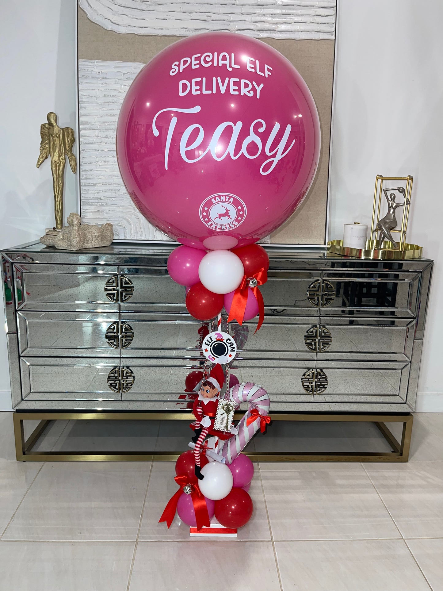 Bright Pink Elf Arrival Balloon Stand